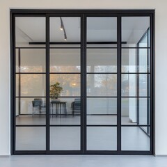 A modern sliding window with black metal frames and large glass panels on a white background 