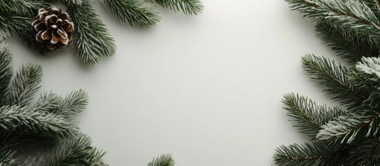 Flat lay of Christmas tree branches and a blank sheet of paper creating a festive holiday backdrop for seasonal greetings or messages.