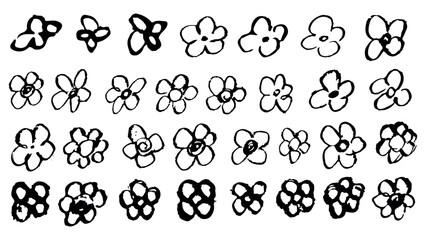 Set of black flowers made in chalk on white background, collection of different types of flowers, grunge elements, blots in the form of flowers, flowers in the form of stamps, flowers drawn in chalk