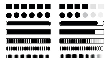 Collection of vector icons loading, buffering symbols for websites, load bar, set of buffer loader, load indicators, remaining time, loading bar status icons, buffering pictograms on white background