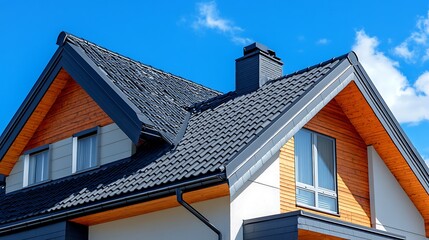 Modern House with Dark Roof and Wooden Accents Under Blue Sky