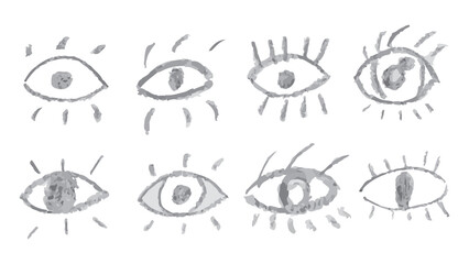 Chalk drawn vector eyes collection, hand drawn vector human parts of faces elements, various opened eyes, cartoon style eyes, vision icons of different designs, collection of charcoal brown eyes