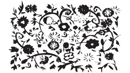 Background with different flowers drawn with black paint, abstract pattern with flowers made of ink on white background, floral pattern on white background, flowers of different designs made in ink