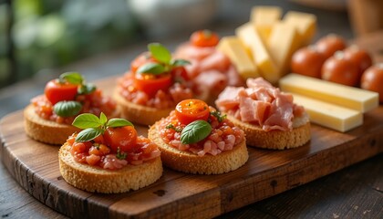 Delicious bruschetta topped with fresh tomatoes and basil, served with cheese and cherry tomatoes on a wooden board