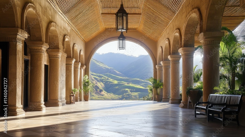 Poster a serene architectural space with arches and a view of lush mountains.