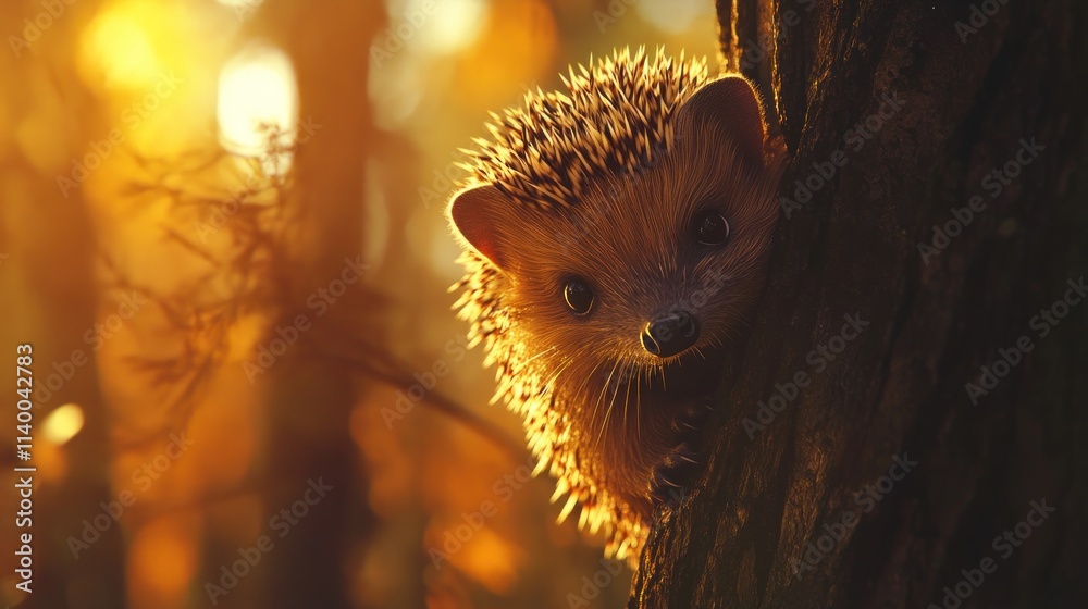 Poster a curious hedgehog peeks from behind a tree in a sunlit forest.