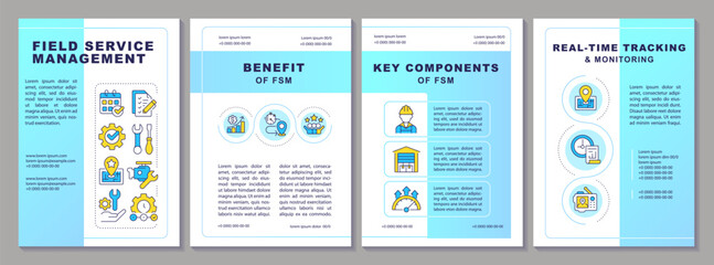Field service management blue gradient brochure template. FMS system. Real-time tracking. Leaflet design with linear icons. Editable 4 vector layouts. Arial-Black, Myriad Pro-Regular fonts used