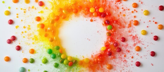 Colorful circle of skittles candy creating a vibrant rainbow effect on a white background with a playful splash of colors and textures.