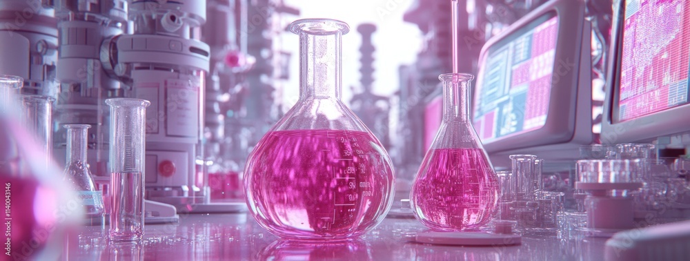 Poster a laboratory scene with pink solutions in flasks and advanced equipment for scientific research.