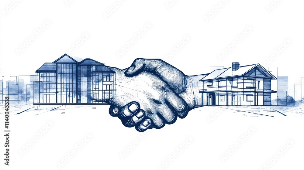Poster a handshake symbolizing partnership with architectural outlines in the background.