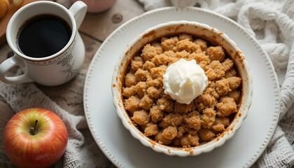 Fototapeta premium Warm apple crumble dessert with vanilla ice cream and steaming coffee on rustic wooden table
