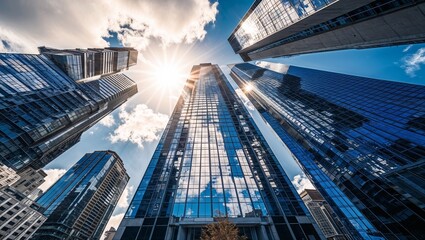 Naklejka premium high-resolution photograph showcasing a modern urban landscape with a focus on architectural elements. The layout is dynamic, featuring a low-angle perspective that emphasizes the towering skyscraper