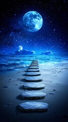 Obraz premium Serene Night Moonlit Ocean Path Stones Stars Galaxy