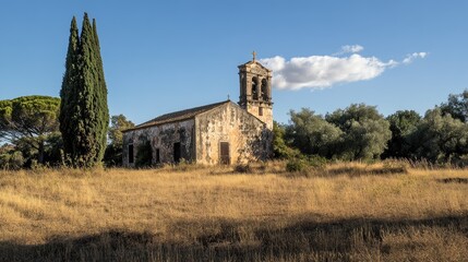 Fototapeta premium Historic church from the nineteenth century featuring distinctive Mudejar architectural elements in a serene rural setting.