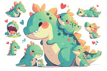 Obraz premium Cute cartoon dinosaurs displaying various emotions and interactions.