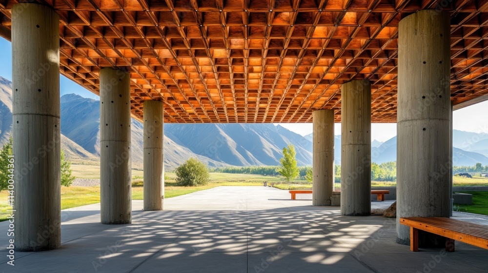 Poster modern architectural structure with wooden ceiling and concrete pillars, set against a mountainous b