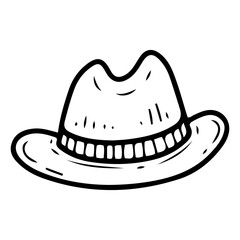 Felt hat hand drawn doodle. Man's clothing accessory. Traditional headdress. Cap on head. Fabric item of classic suit. Vector line art illustration.