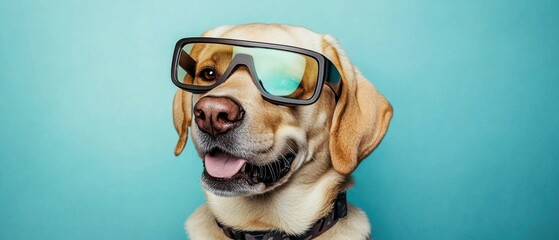Cool Labrador Retriever Dog Wearing Sunglasses on Blue Background
