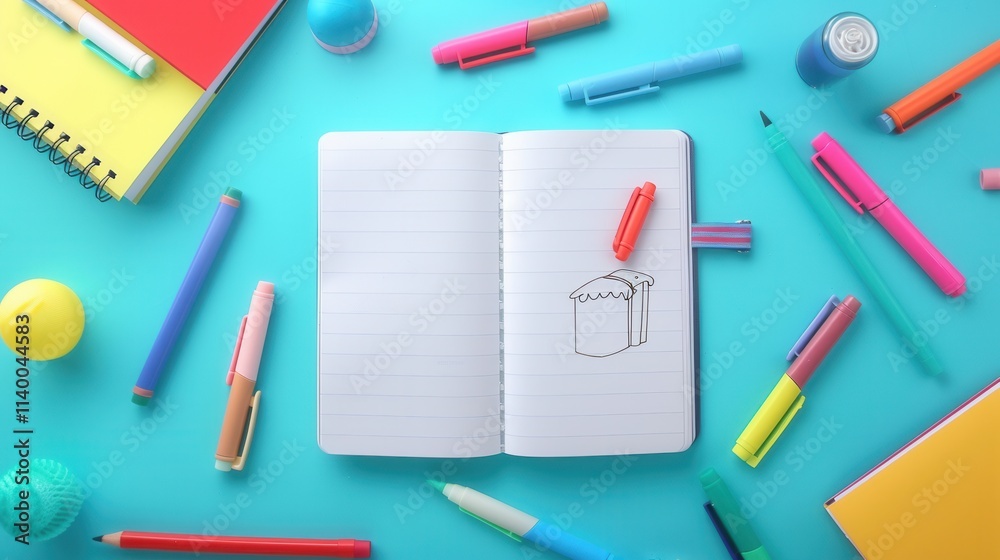 Fototapete colorful workspace with stationery and open notebook on teal background featuring simple drawing. ge