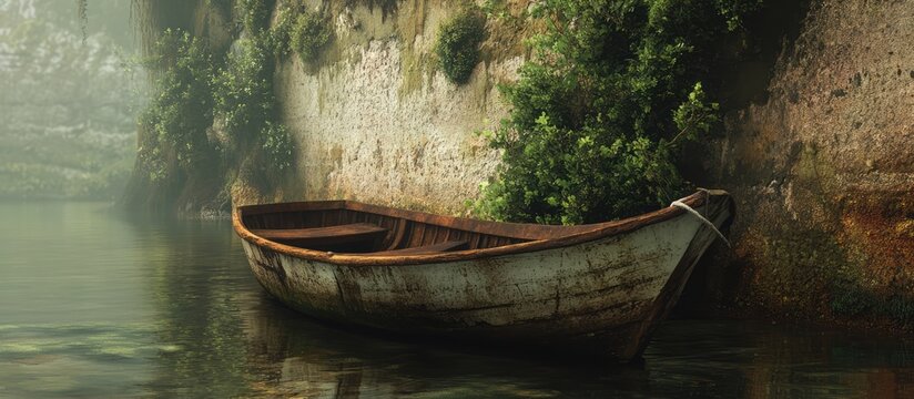 Serene abandoned boat resting by a lush overgrown shore in a tranquil coastal landscape under soft morning light