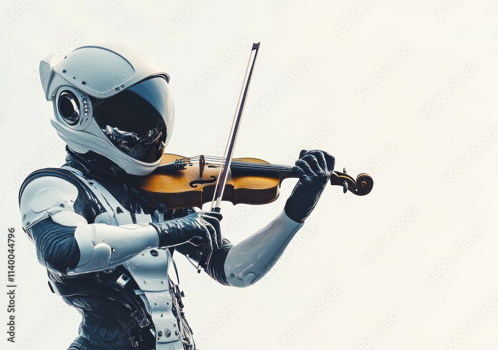 Poster a humanoid robot in a space suit playing the violin against a light background.