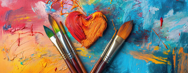 Obraz premium Colorful Heart Shaped Paint on Canvas. Generative AI