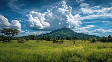 Fototapeta premium Majestic clouds towering over a lush mountain landscape in a serene nature reserve with verdant fields and vibrant blue sky
