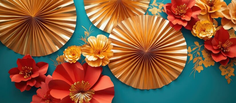 Colorful Lunar New Year decorations featuring paper fans and flowers set against a vibrant blue background celebrating traditional festivities