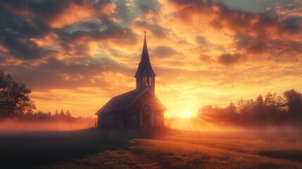 Obraz premium Serene church silhouette against a vibrant sunset sky with dramatic clouds and misty surroundings creating a peaceful atmosphere.