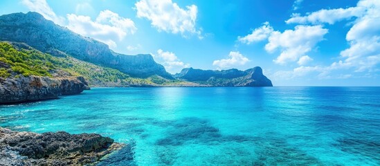 Fototapeta premium Turquoise blue sea with mountains and clouds under a clear sky on a sunny day creating a serene coastal landscape scene.