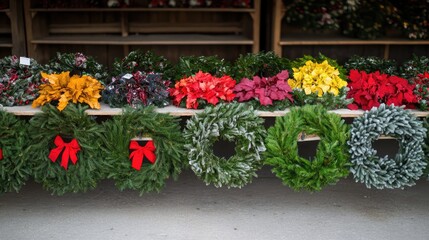 Fototapeta premium Colorful Christmas wreaths displayed at a traditional market showcasing festive Advent decorations on a winter day.