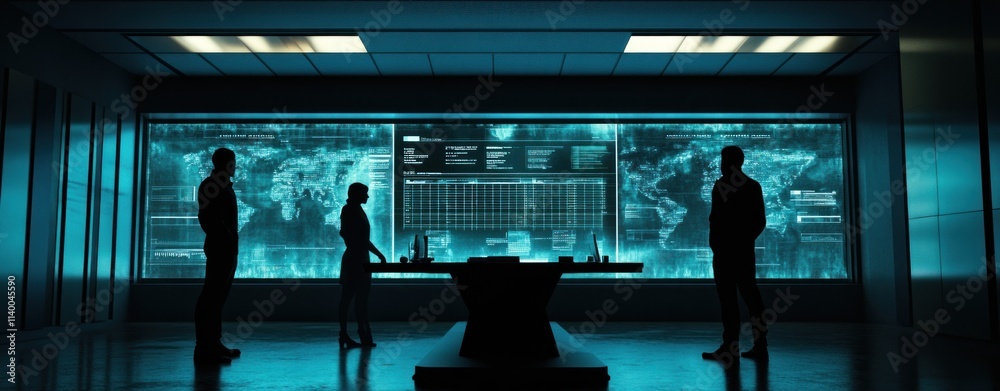 Aufkleber A silhouetted group discussing data in a high-tech control room with digital displays.
