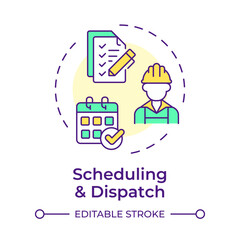 Scheduling and dispatch multi color concept icon. Key component of FSM. Field service management. Round shape line illustration. Abstract idea. Graphic design. Easy to use in article