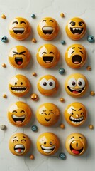 Fototapeta premium A colorful arrangement of various emoji faces on a light background.