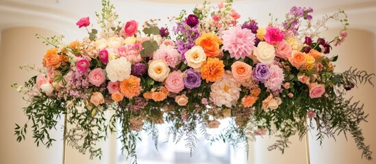 Wedding ceremony floral decoration with vibrant blooms and greenery for an elegant backdrop