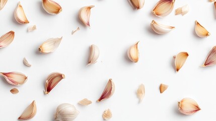 Obraz premium Garlic cloves scattered on a clean white background showcasing their unique textures and colors ideal for culinary and health themes