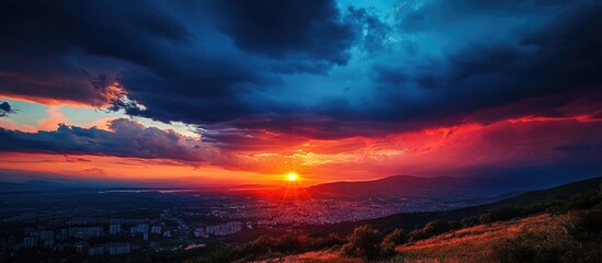 Vibrant Sunset Over Urban Landscape with Dramatic Clouds and Illuminated Sky