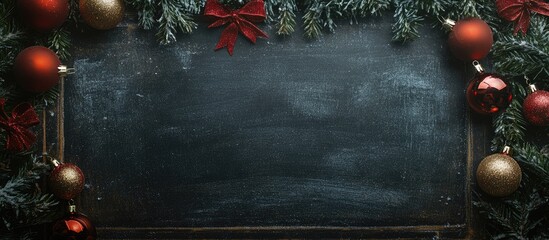 Christmas chalkboard backdrop adorned with festive ornaments and greenery for holiday menu display with an aerial perspective.