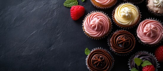 Colorful cupcakes on a slate background with fresh strawberries and mint garnishes viewed from above for an enticing dessert concept © AbstractAI