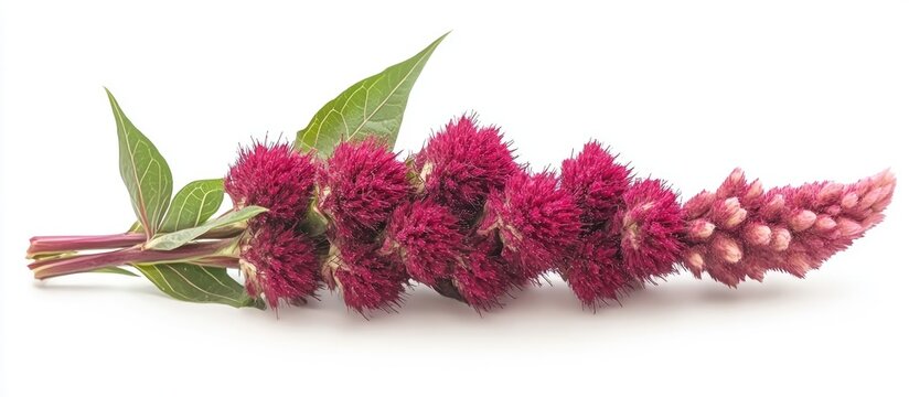 Cockscomb Celosia Cristata plant showcasing vibrant red flowers and green leaves isolated on white background for traditional offerings close up