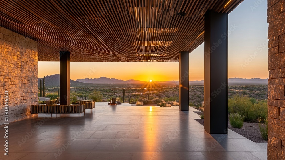 Poster modern architectural space with a stunning sunset view over a desert landscape.