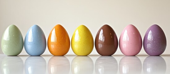 Colorful Chocolate Easter Eggs arranged in a row showcasing vibrant pastel shades perfect for festive celebrations and springtime promotions.