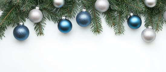 Christmas background with green spruce branches silver and blue tinsel garland and decorative balls ideal for holiday greeting cards and banners