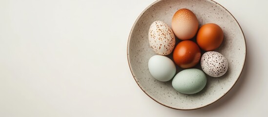 Colorful eggs artfully arranged on a textured plate with a clean white background ideal for Easter or spring themed designs