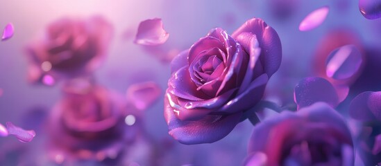 Closeup of vibrant purple roses with soft petals against a dreamy purple background creating an elegant floral composition