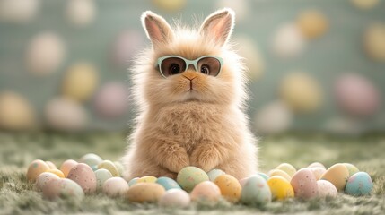 Fototapeta premium Adorable Easter Bunny with Sunglasses Pastel Eggs
