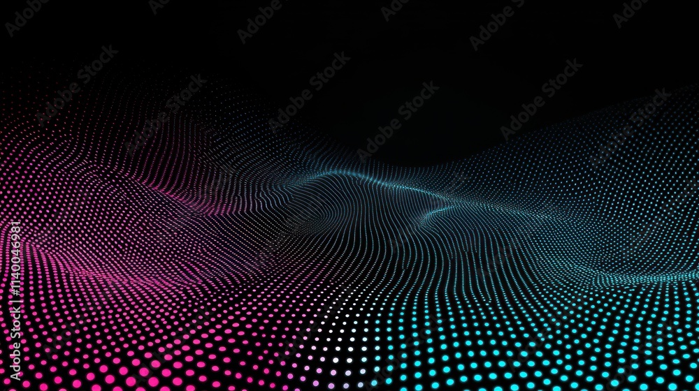 Poster Abstract wave pattern with dots in pink and blue on a black background.