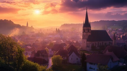Fototapeta premium Scenic sunset view of a quaint town with a church surrounded by hills and vibrant colors in the sky creating a peaceful atmosphere.