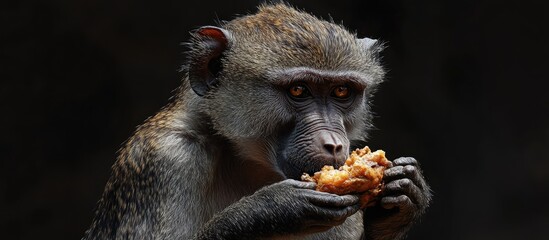 Chacma baboon engaging in feeding behavior with food in its hands showcasing natural wildlife behavior