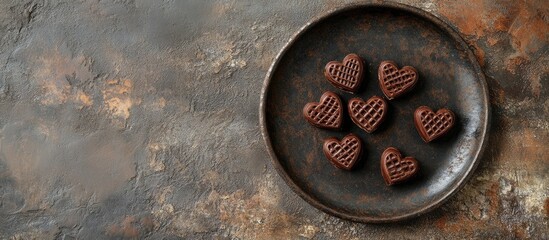 Heart-shaped chocolate waffles on a rustic ceramic plate against a textured backdrop creating an appealing still life composition.